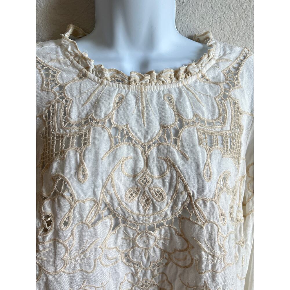 Anthropologie Lainie Cream Long Sleeve Lace Cutwork Blouse Women's Medium Linen - Picture 4 of 9